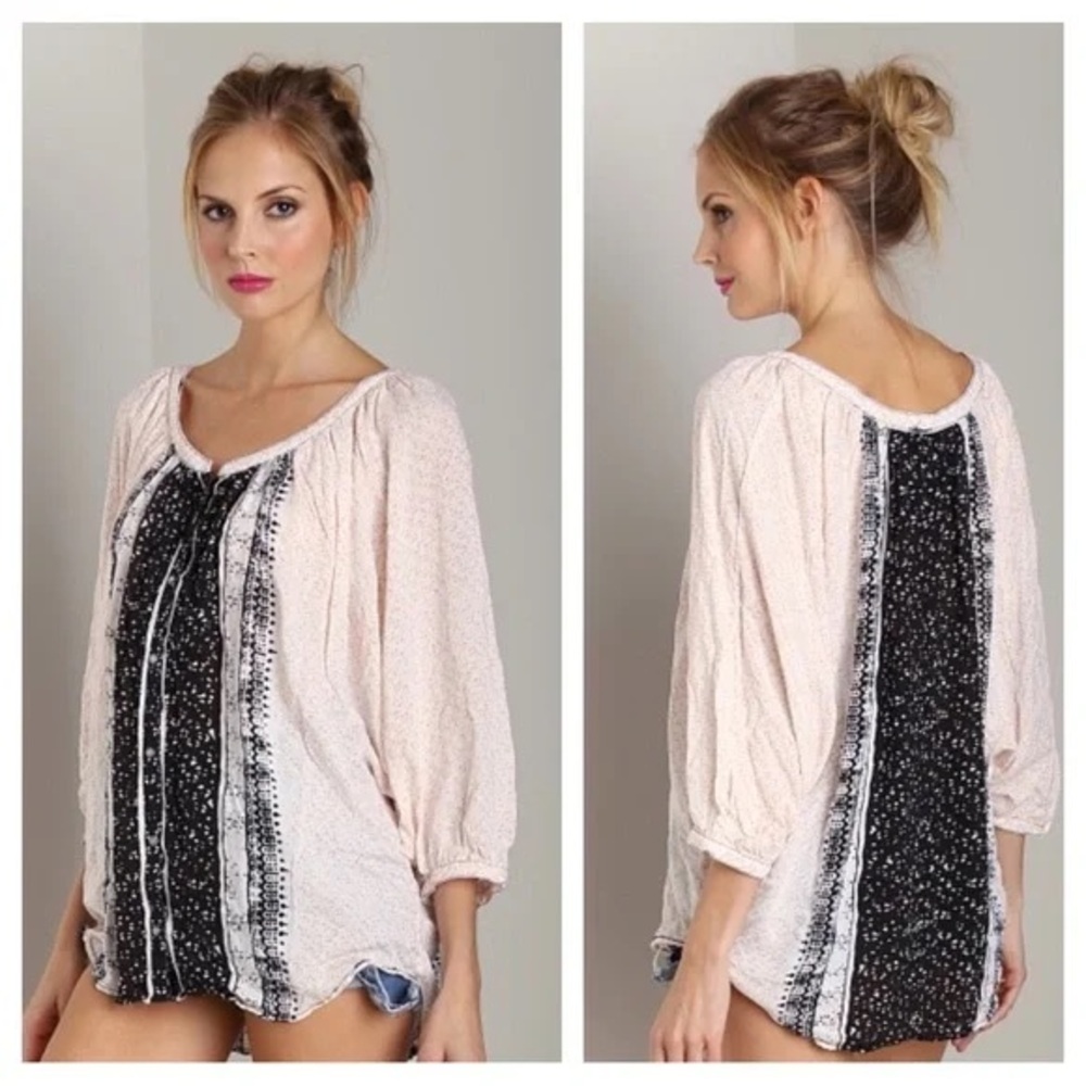 Free People Elena Printed Boho Pink and Black Patterned Top